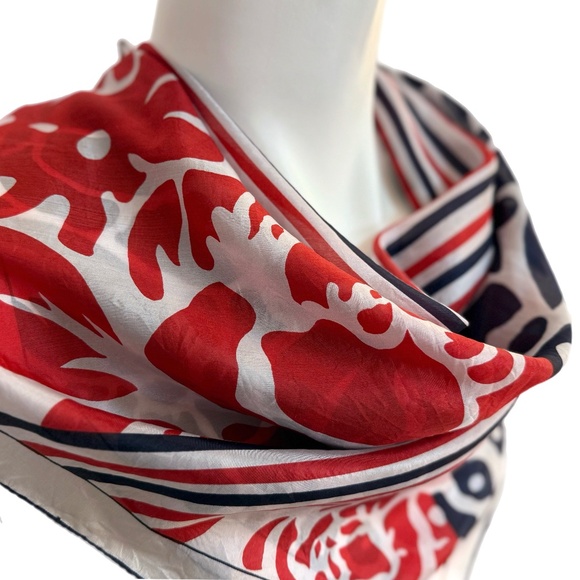 Vintage Medal Pure Silk Scarf – Red, Navy & Ivory Floral Stripe – Hand Rolled - Picture 3 of 9